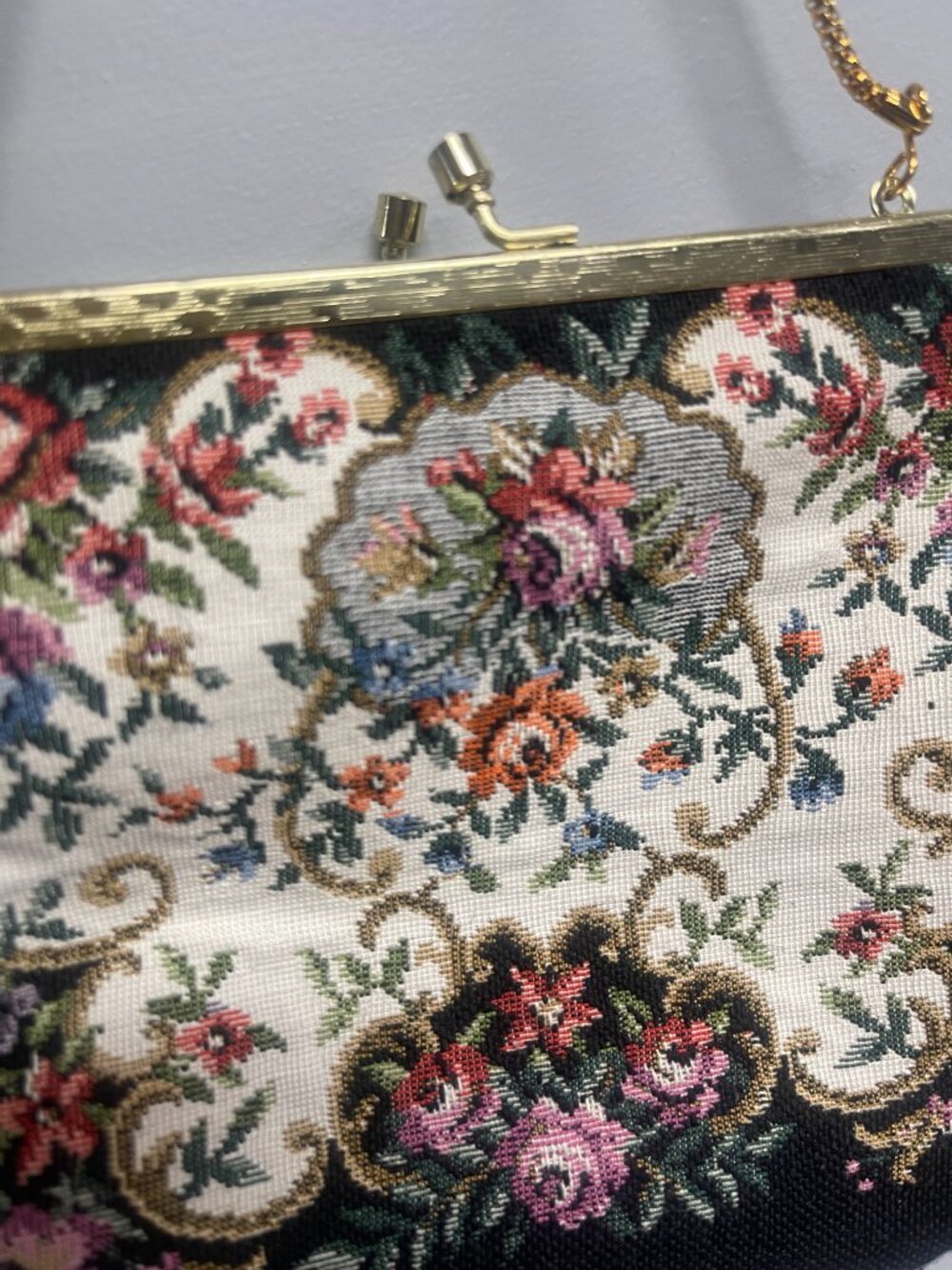 Vintage Buffums Floral Tapestry Purse Grandmacore Gold Chain Evening Bag - Picture 2 of 11